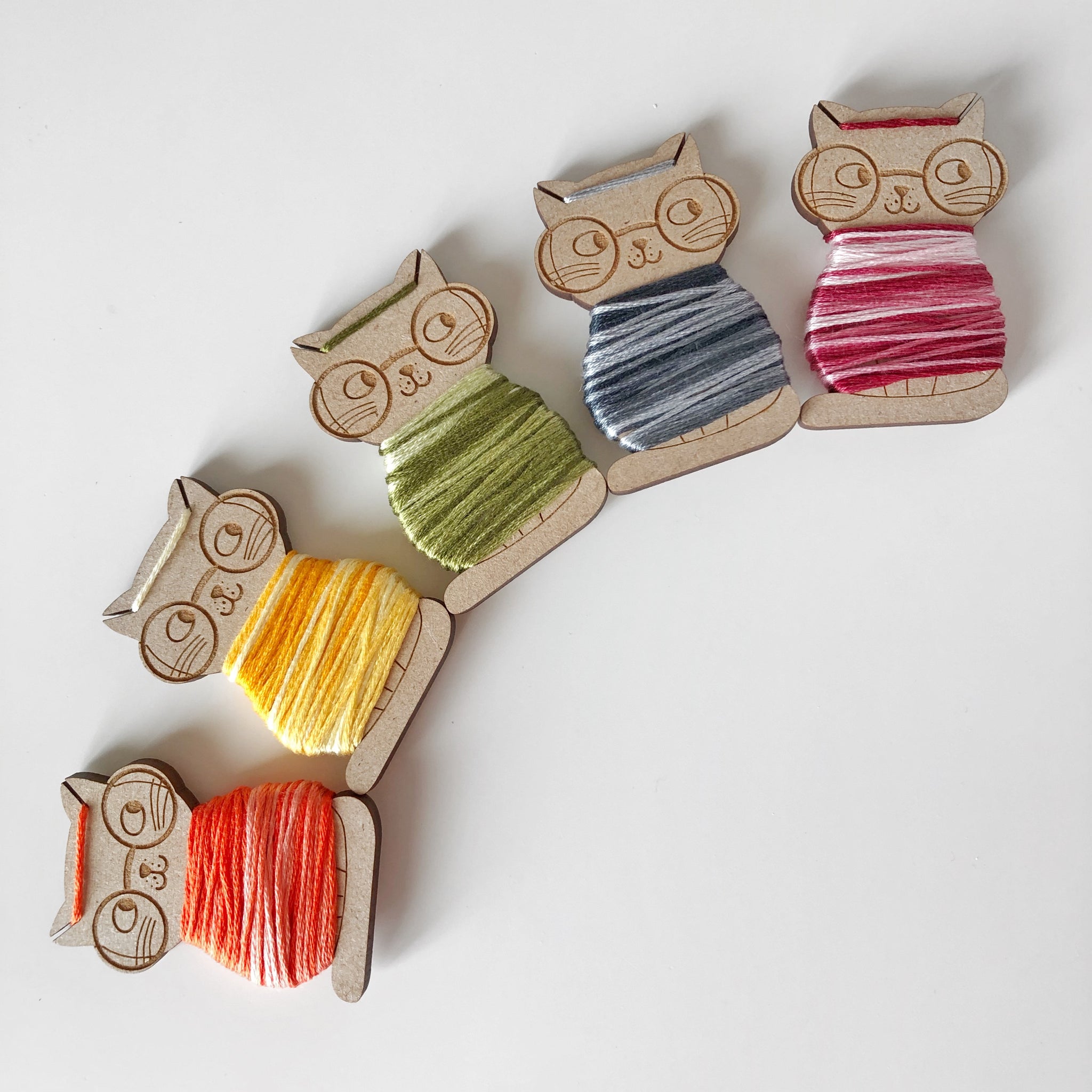 Set of 5 Handmade Floss Bobbins: Kitty Cats – Subversive Cross Stitch